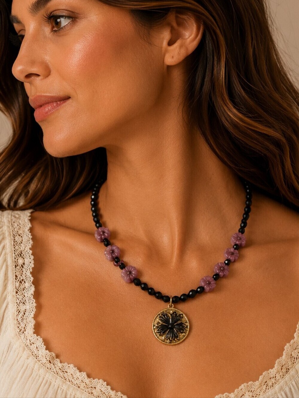 Handmade Czech Glass Onyx Beaded Threaded Flower Pendant Gothic Necklace